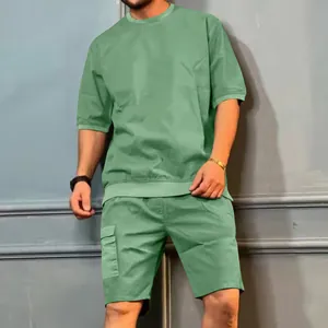 Ensemble de sport cargo d'été pour homme avec short à plusieurs poches couleur sauge