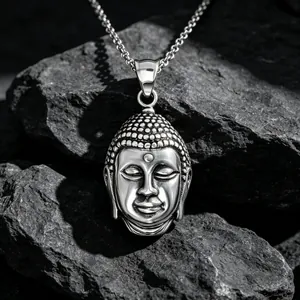 Collar con Colgante de Cabeza de Buda de Acero de Titanio Vintage para Hombre Joyería Religiosa Cadena de Motociclista de Acero Inoxidable