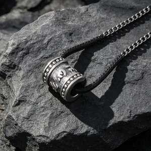 Collier pendentif cylindrique en acier avec mantra à six syllabes sur pierre