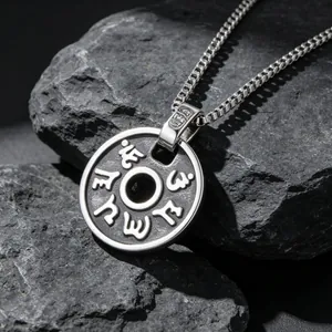 Pendentif rond en acier titane argenté avec mantra sanskrit sur des rochers noirs