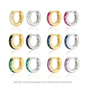 925 Sterling Zilver Gekleurde Zirkonia Oorknoppen Voor Dames Luxe Kleine Goud Witgoud Vergulde Geometrische Ronde Huggie Sieraden