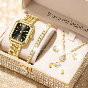 Montre à quartz carrée dorée élégante et ensemble de bijoux 5 pièces dans une boîte de luxe.