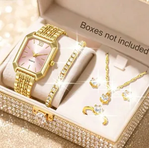 Parure élégante de montre et bijoux dorés avec cadran rose et strass brillants