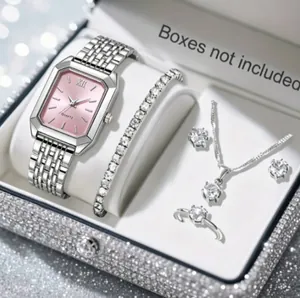 Coffret élégant montre argentée et bijoux en cristal avec cadran rose et bracelet