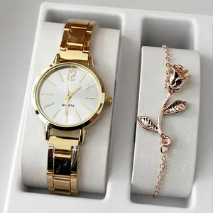 Damen Mode Quarz Uhr Und Armband Set Legierung Metallarmband Strass Verziert Elegant Lässig Armbanduhr Schmuck Geschenkset