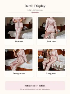Vues détaillées du pyjama en satin rose avec robe à manches longues et pantalon fluide.
