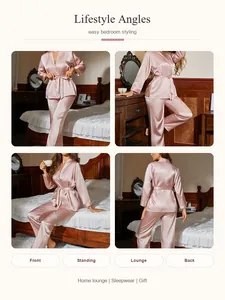 Vues détaillées d'un ensemble de pyjama en soie rose avec robe à manches longues et pantalon
