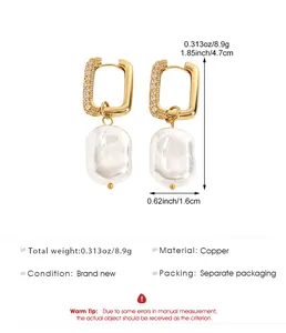 Detailed dimensions of gold rectangular hoop earrings with irregular baroque pearl drops