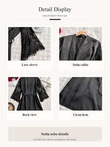 Vues détaillées de l'élégant peignoir en satin noir avec manches en dentelle et ceinture