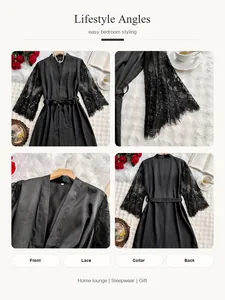 Vues détaillées de la chemise de nuit en satin noir avec manches en dentelle florale.