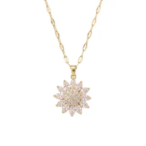 Elegant gold sunflower pendant necklace with sparkling marquise zircons in titanium steel