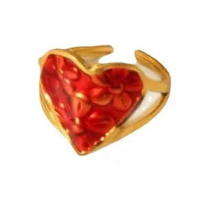Gold plated stainless steel open ring featuring a large red heart with floral pattern