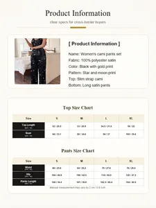 Satin pajama set size chart for women with star and moon print details