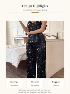 Elegant black satin cami and pants pajama set featuring golden celestial star and moon print.