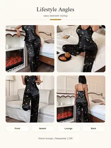 Detailed multi-angle views of elegant black satin pajama set with moon and star patterns