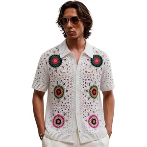 Men Ethnic Style Hollow Out Crochet Knit Polo Shirt Short Sleeve Sun Flower Pattern Casual Cardigan Button Down Top