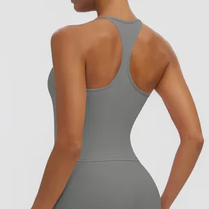 Rückenansicht eines grauen Racerback-Sporttops für Damen Yoga- und Fitnesstraining
