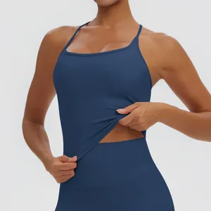 Hochelastisches einfarbiges blaues Sport-Yoga-Tanktop mit integriertem BH-Design