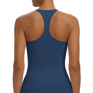 Einfarbiges marineblaues Sport-Racerback-Tanktop für Damen Yoga und Fitnesstraining Rückansicht