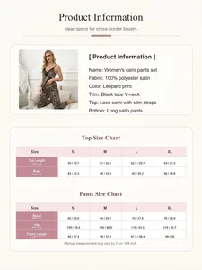 Detailed size chart and product information for leopard print lace satin pajama set for women