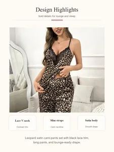 Detail view of leopard satin pajama set highlighting lace V-neck and slim straps