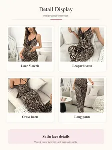 Detailed close-up views of leopard print satin pajama set with lace V-neck and long pants.