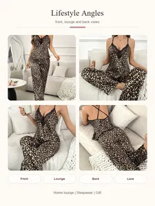 Multi-view detail of leopard print satin pajama set with lace trim and cross back