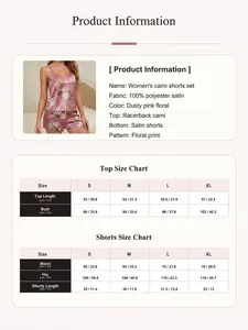 Detailed size chart and product specs for women's floral satin camisole pajama set.