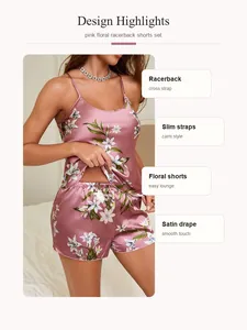Detail view showing the design highlights of this pink floral satin cami shorts set