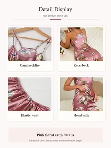 Detailed close-up of pink floral satin pajama set showing neckline and racerback design.