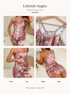 Detailed multiple angles of a pink floral satin camisole and shorts pajama set for women