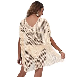 Loose irregular mesh beach cover-up dress in cream for women