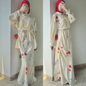 Women Elegant Floral Top And Bottom Long Sleeve Button Down Tie Waist Printed Shirt And Long Skirt Outfit Office Polyester