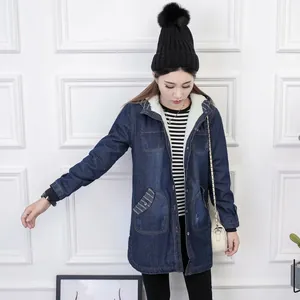 Warm women's mid-length hooded denim coat featuring thick white fleece lining for winter