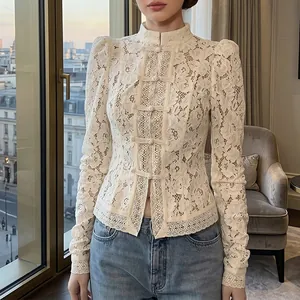 Blusa Elegante de Encaje Calado para Mujer Cuello Alto Botones Chinos Corte Ajustado Camisa de Manga Larga para Oficina