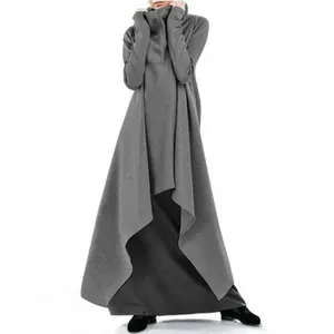 Stylish oversized grey irregular hem high-neck sweatshirt robe dress for women