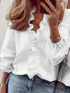 Blusa de Talla Grande para Mujer Manga Larga Cuello con Volantes Casual Suelta Chic Camisa de Poliéster para Mujer Moda Elegante Ropa Diaria