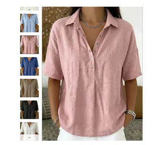 Chemise en coton et lin pour femme avec plusieurs options de couleurs, coupe ample