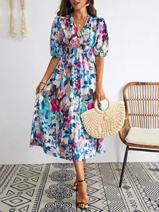 Elegant bohemian style floral print midi dress with V-neck and short puff sleeves