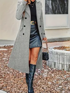 Elegante cappotto lungo in lana grigio a doppiopetto per donna, moda autunno e inverno