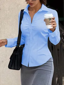 Professional women's slim fit light blue long sleeve ruched button up office shirt blouse