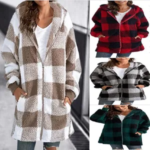 Women Plaid Plush Hooded Jacket Casual Zip Up Outerwear With Pockets Loose Fleece Coat Long Sleeve Acetate Cotton Top