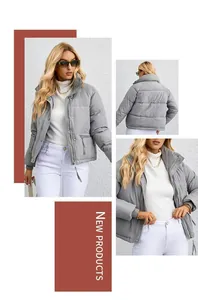 Vista detallada de la chaqueta acolchada corta gris para mujer con cremallera