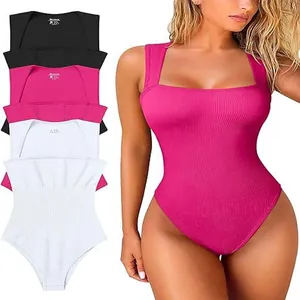 Detail view of ribbed U-neck sleeveless bodysuit in magenta, black and white colors