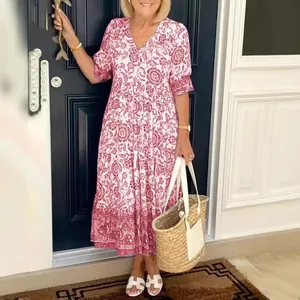 Elegant pink floral V-neck midi dress for women, stylish summer commuter fashion look
