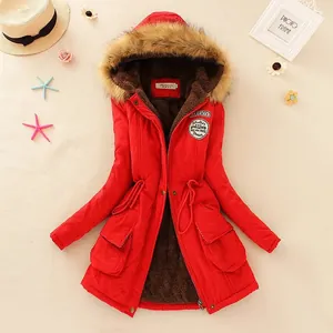 Red mid-length hooded parka for women featuring warm fleece lining and elegant faux fur trim