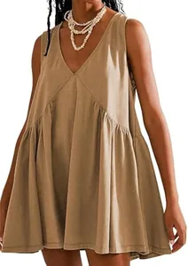 Casual khaki V-neck sleeveless babydoll dress with pleated details and soft fabric texture.