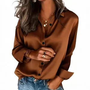Elegant brown satin long sleeve button-down shirt for women in office style