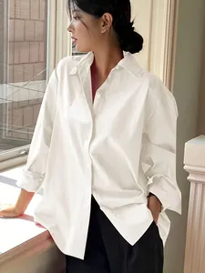 Übergroße minimalistische weiße Baumwollpopeline-Bluse für Damen im Pendlerstil