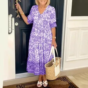 Elegant purple floral tie-dye maxi dress with V-neck for summer casual fashion